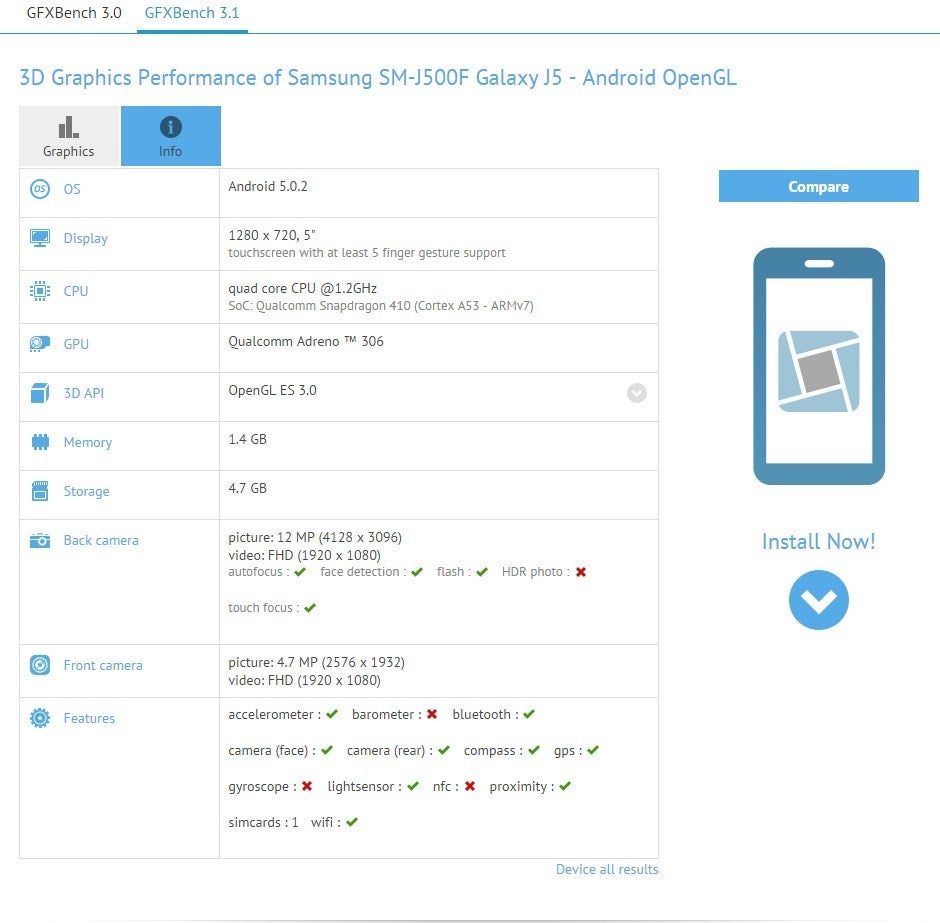 Samsung Galaxy J5 spotted on the GFXBench website - Samsung Galaxy J5 specs appear in leaked GFXBench result
