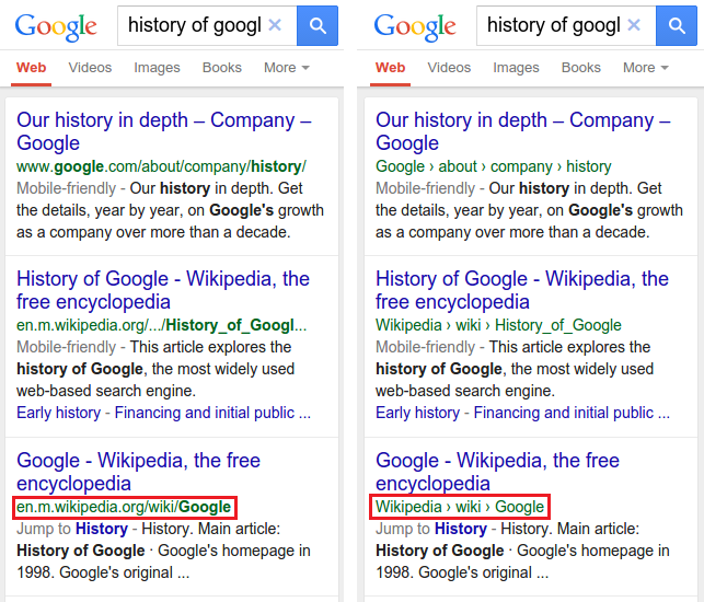 Old format on left, new format on right - Google&#039;s mobile search results in the U.S. to post website names instead of domain names