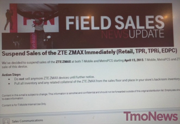 T-Mobile suspends sales of the ZTE ZMAX - ZTE ZMAX sales halted by T-Mobile and MetroPCS as customers try to hack into the battery