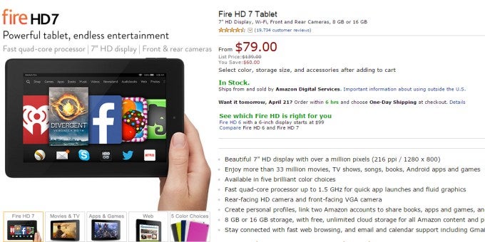 Deal: buy the Amazon Kindle Fire HD 7 today for just $79