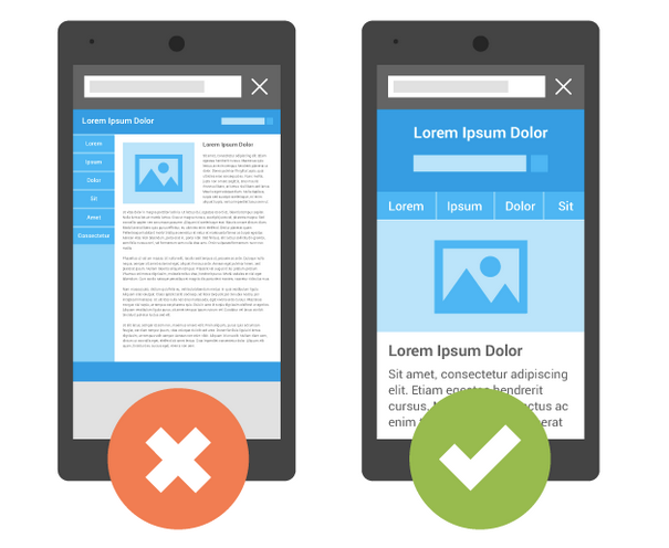 On right, a mobile optimized version of the page at left - Google Search gives higher rankings to mobile-friendly web pages starting today