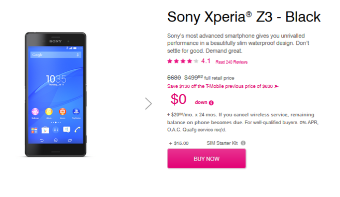 The Sony Xperia Z3 makes a triumphant return to T-Mobile with a price cut - Sony Xperia Z3 returns to T-Mobile priced more affordably