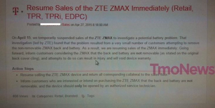 T-Mobile has resumed sales of the ZTE ZMAX - ZTE ZMAX returns to T-Mobile with warning to buyers not to hack the battery
