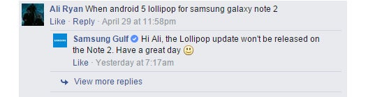 No Android 5.0 Lollipop for the Samsung Galaxy Note II? Samsung Gulf believes so