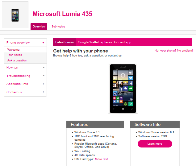 T-Mobile posts a support page for the unannounced Microsoft Lumia 435 - With T-Mobile's support page now live, the Microsoft Lumia 435 should be launched soon in the states