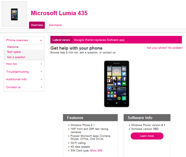 T-Mobile posts a support page for the unannounced Microsoft Lumia 435 - With T-Mobile&#039;s support page now live, the Microsoft Lumia 435 should be launched soon in the states