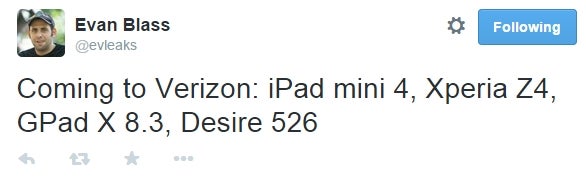 Sony Xperia Z4, plus unannounced LG G Pad X and iPad mini 4 reportedly headed to Verizon