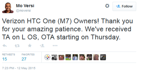 HTC's Versi says the Verizon version of the HTC One (M7) will be Lollipopped starting on May 14th - Verizon's HTC One (M7) to start receiving Android 5.0 on May 14th