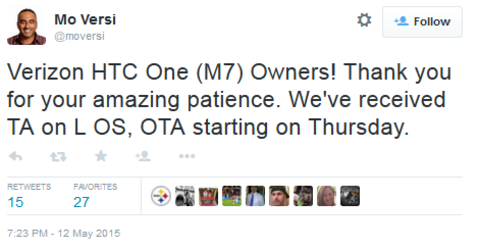 HTC&#039;s Versi says the Verizon version of the HTC One (M7) will be Lollipopped starting on May 14th - Verizon&#039;s HTC One (M7) to start receiving Android 5.0 on May 14th