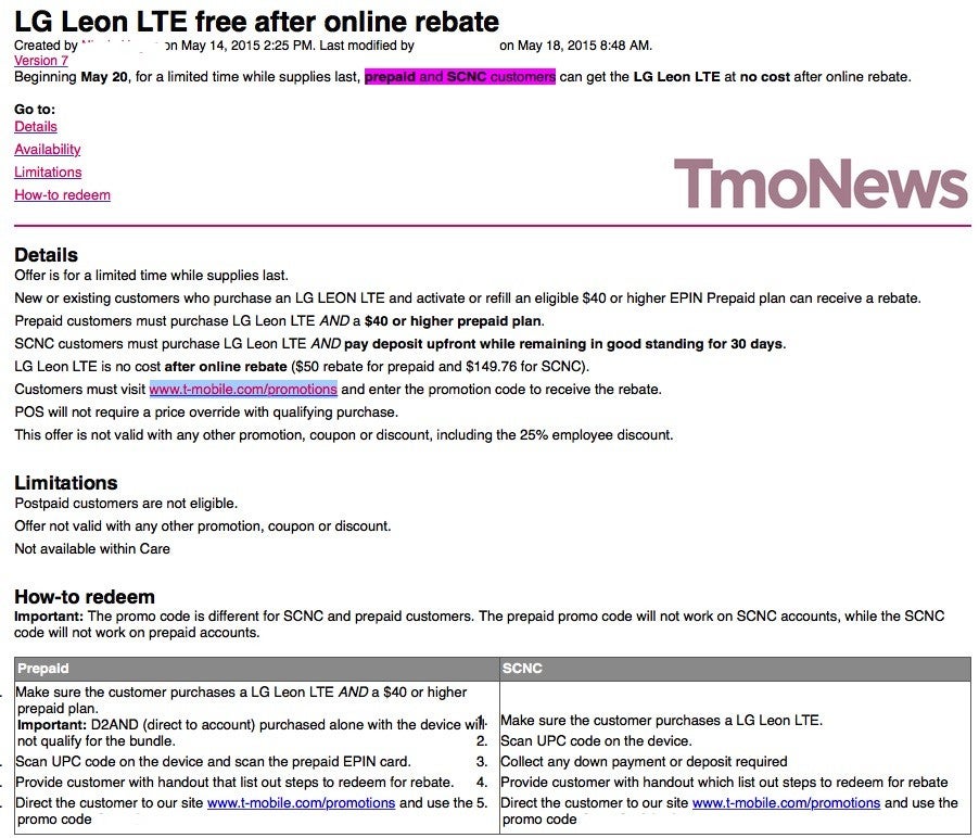 The alleged leaked T-Mobile memo - T-Mobile rumored to give away the LG Leon LTE for free to prepaid customers