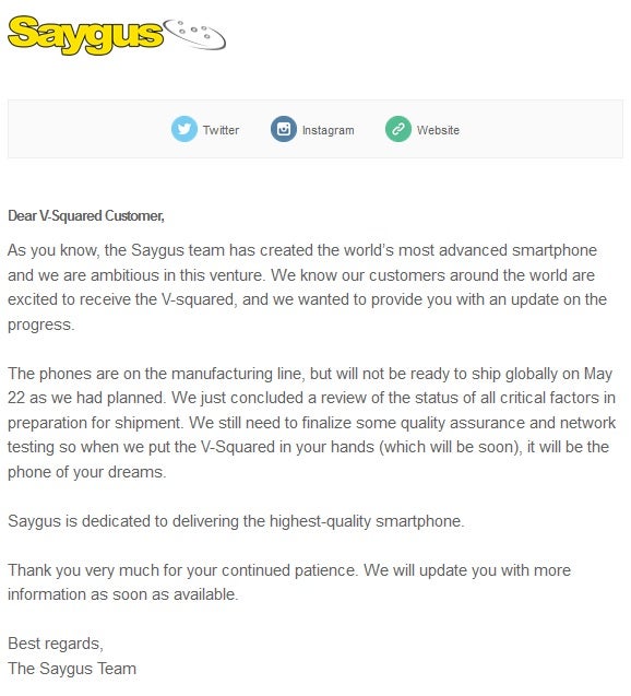 Saygus pushes back shipping of V2 smartphone again