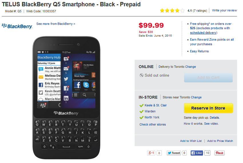 Best Buy Canada offers Telus version of the BlackBerry Q5 for the equivalent of $80 USD - Telus BlackBerry Q5 on sale for just $80 USD from Best Buy Canada