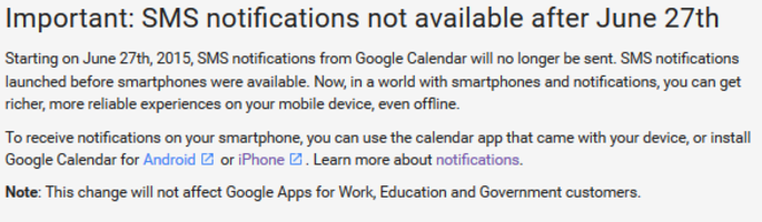 Google Calendar's last day to send text alerts is June 27th - No text alerts from Google Calendar after June 27th; messages will set off notifications only