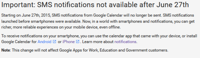 Google Calendar&#039;s last day to send text alerts is June 27th - No text alerts from Google Calendar after June 27th; messages will set off notifications only