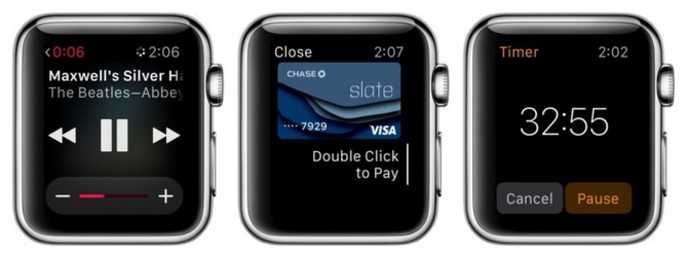 Three things you can do with your Apple Watch without being paired to an iPhone. From left to right you can listen to a synced play list, make an Apple Pay payment, or use your timer, stop watch or alarm - These are the things you can do with your Apple Watch when it is not paired with an iPhone