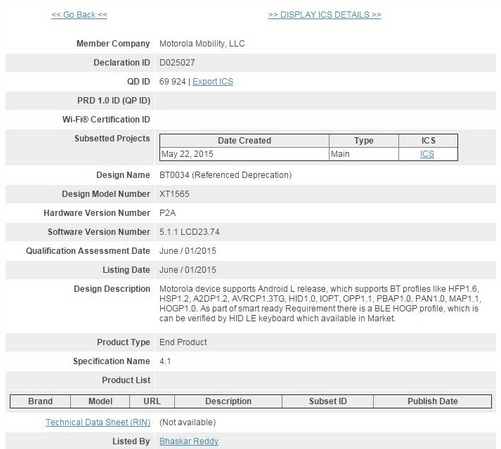 Motorola XT1565 is now Bluetooth certified. Is it the third-generation Motorola Moto E? - Mystery Motorola model receives Bluetooth certification
