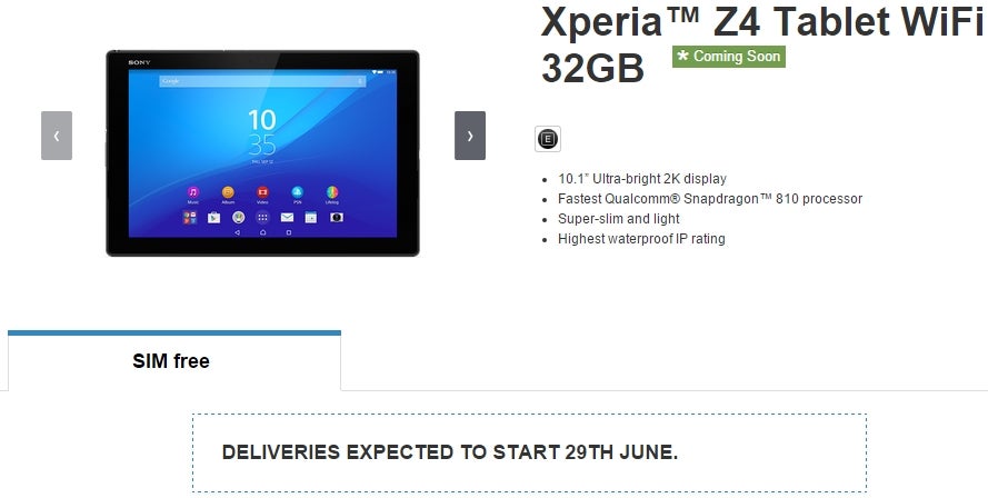 Sony Xperia Z4 Tablet delayed to late June