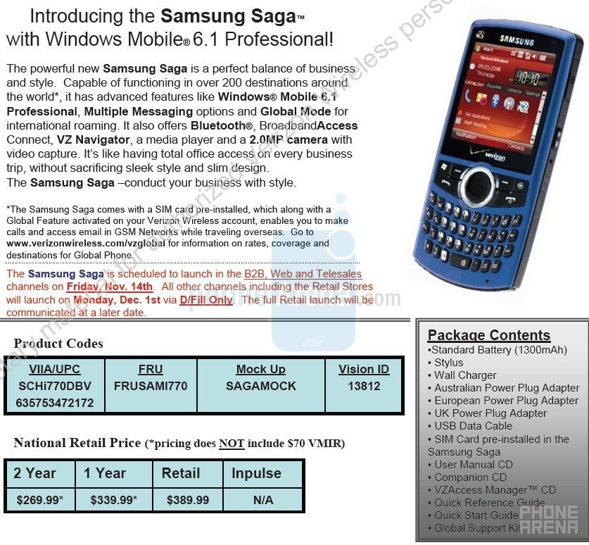Samsung Saga I770 - EXCLUSIVE: Touch Pro, Saga and Renown for Verizon