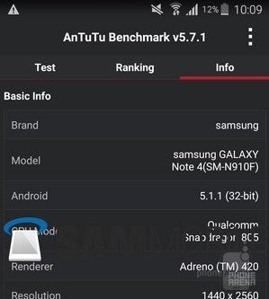 Android 5.1.1 running on Galaxy Note 4 in benchmarks; could be 64-bit optimized