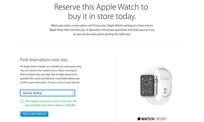 Australians can reserve an Apple Watch online and pick it up at a nearby Apple Store - Apple Watch available for in-store pickup in Australia and U.K.; U.S. stores next?
