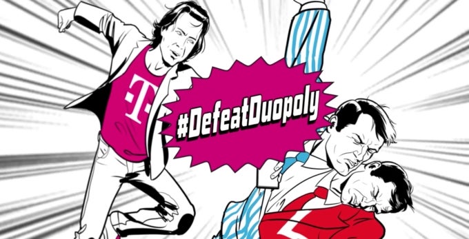 John Legere poses as a superhero in T-Mobile's new #DefeatDuopoly campaign