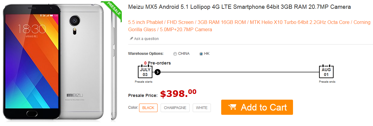 The unlocked 16GB Meizu MX5 can be pre-ordered globally for $398 USD - Pre-order an unlocked Meizu MX5 globally from Gearbest for $398 USD; phone ships on August 1st