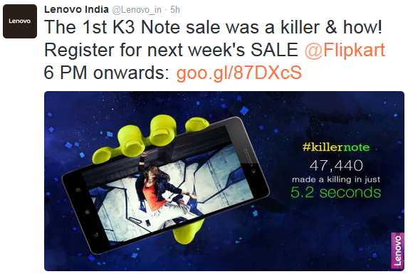 Lenovo announces results of Lenovo K3 Note flash sale - Gone in a flash: In 5.2 seconds, 47,440 Lenovo K3 Notes are sold