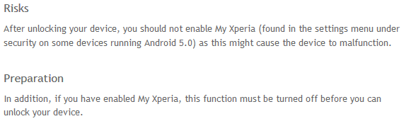 Sony changes the wording on its Unlock Bootloader website to reflect the risks of using MXTP - Sony's My Xperia Theft Protection breaking certain bootloader unlocked models