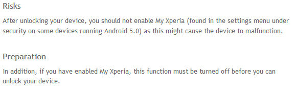 Sony changes the wording on its Unlock Bootloader website to reflect the risks of using MXTP - Sony&#039;s My Xperia Theft Protection breaking certain bootloader unlocked models