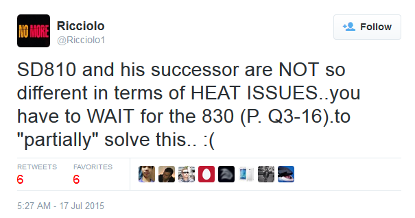 Tweet from self-proclaimed tech secret agent Riccolio says that the Snapdragon 820 SoC overheats like the Snapdragon 810 does - Snapdragon 820 SoC rumored to have overheating issues just like the Snapdragon 810 chipset