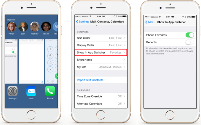How to prevent Recent and Phone Favorite contacts from showing in your iOS task switcher