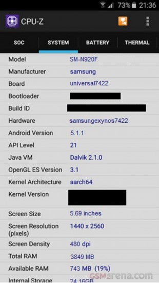 An alleged leaked Galaxy Note 5 CPU-Z benchmark result - Leaked Samsung Galaxy Note 5 benchmark result reveals Exynos 7422 SoC, 4GB of RAM