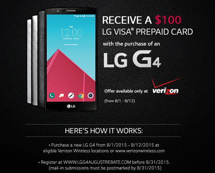 Purchase an LG G4 from Verizon and you could be eligible to receive a $100 pre-paid Visa card - LG G4 deal nets Verizon buyers a $100 pre-paid Visa card