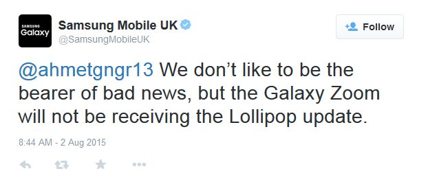 No Lollipop for the Samsung Galaxy K zoom says Samsung Mobile U.K. - No Lollipop for Samsung Galaxy K zoom reports Samsung U.K.