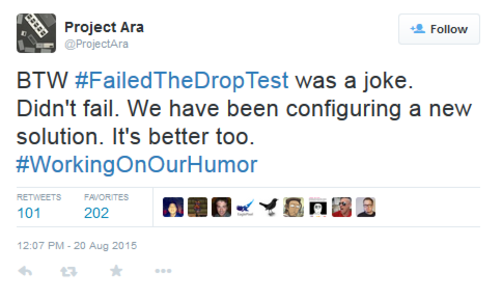 Project Ara says that its Drop Test Failure comment was only a joke - Project Ara says that its "failed drop test" comment was a joke