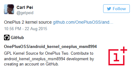 Carl Pei's tweet links to the kernel source for the OnePlus 2 - Kernel source for OnePlus 2 released