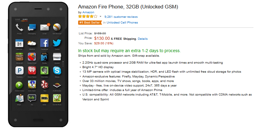 The Amazon Fire Phone is now just $130 on Amazon, of course - Amazon Fire Phone is cut in price; including the free year of Prime, the handset is just $31