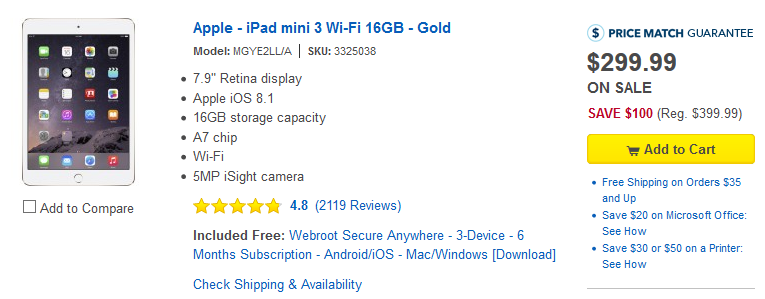 Save $100 this holiday weekend on the 16GB Apple iPad mini 3 from Best Buy - Best Buy takes $100 off the 16GB Apple iPad mini 3 with the sequel rumored to be unveiled next week
