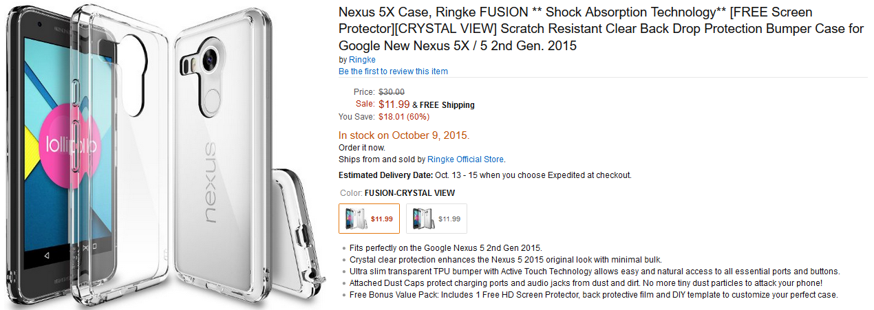 Case for the Nexus 5X listed on Amazon - Case for Nexus 5X appears on Amazon