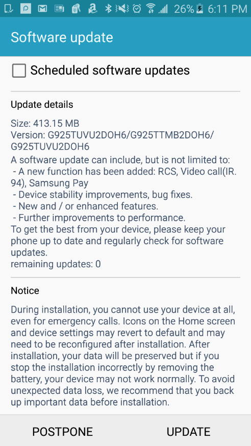 T-Mobile pushes out update for the Samsung Galaxy S6 and Samsung Galaxy S6 edge - Software update brings video calling, Samsung Pay and more to T-Mobile&#039;s Samsung Galaxy S6 and Galaxy S6 edge