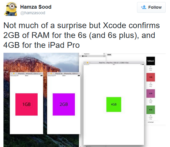 Xcode confirms the amount of RAM in Apple's new iPhones, and inside the iPad Pro - Amount of RAM in the Apple iPhone 6s, Apple iPhone 6s Plus and the Apple iPad Pro confirmed by Xcode