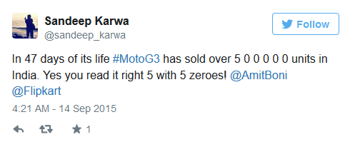 Flipkart&#039;s director tweets about sales of the third-generation Motorola Moto G - Motorola Moto X Play launched in India; 500,000 third-gen Moto G&#039;s are sold in the country