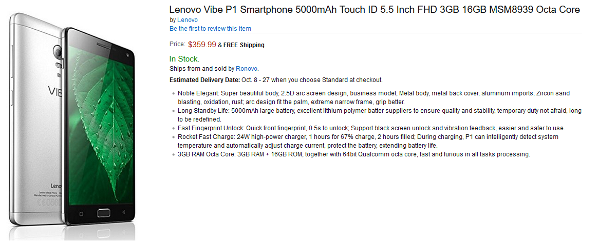 Amazon accepting pre-orders for the Lenovo Vibe P1 - Lenovo Vibe P1 with its massive 5000mAh battery now available for pre-orders; phone ships next month