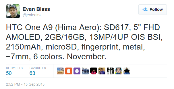 Tweet from Evan Blass reveals that the HTC One A9 is not a high-end model - HTC One A9 appears to be a mid-range model