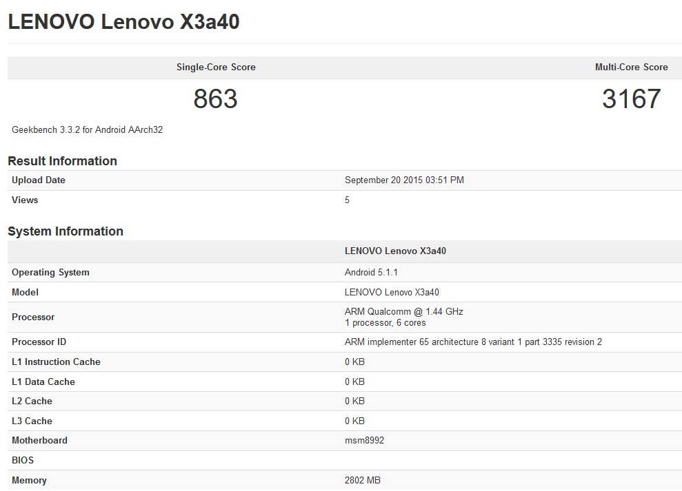 Lenovo Vibe X3 is benchmarked - Lenovo Vibe X3 is put through GeekBench, running the Snapdragon 808 chipset