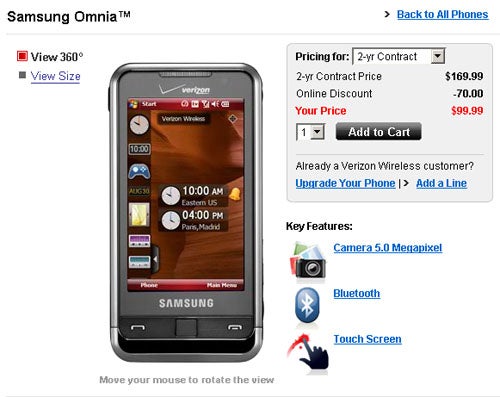 Verizon drops Samsung Omnia to $99.99 online