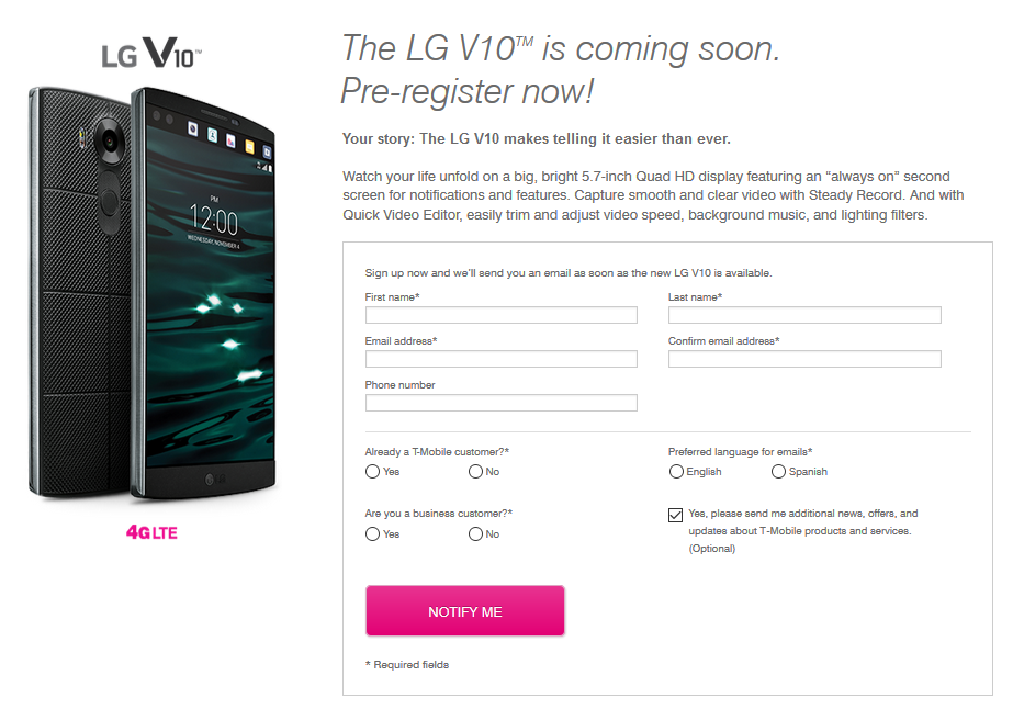 T-Mobile taking pre-registrations for the LG V10 - T-Mobile taking pre-registrations now for the LG V10