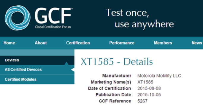 The Motorola XT1585, the DROID Turbo 2, is certified by the GCF - Motorola DROID Turbo 2 certified by GCF?