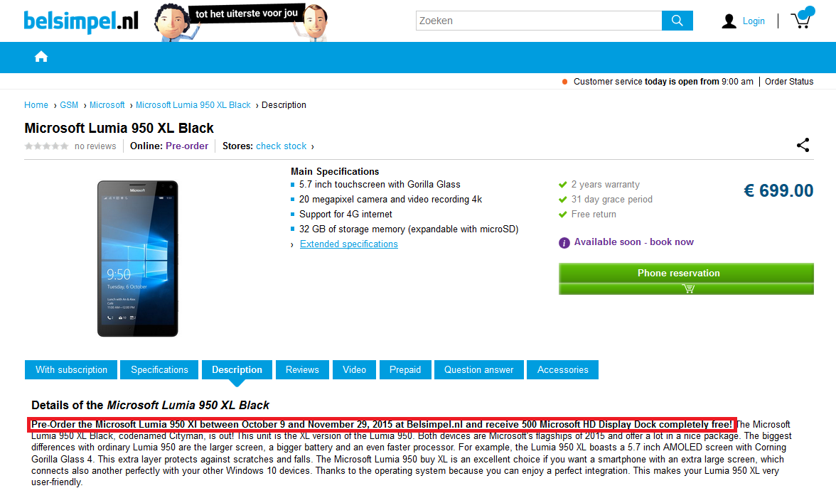 Pre-order the Lumia 950 XL from Belsimpel.nl and get the $99 Display Dock for free - Netherlands retailer bundles $99 Display Dock with Microsoft Lumia 950 XL pre-orders