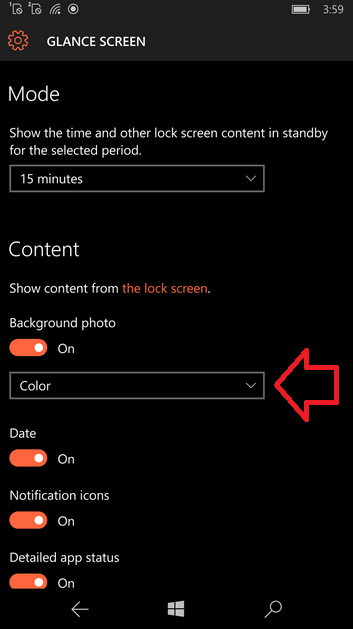 Glance screen settings page on Lumia 950 XL - Microsoft Lumia 950 and Lumia 950 XL will allow color background photos on the Glance screen
